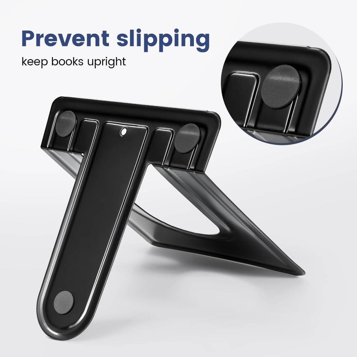 Black metal bookend with curved grip handles and anti-slip base to keep books upright