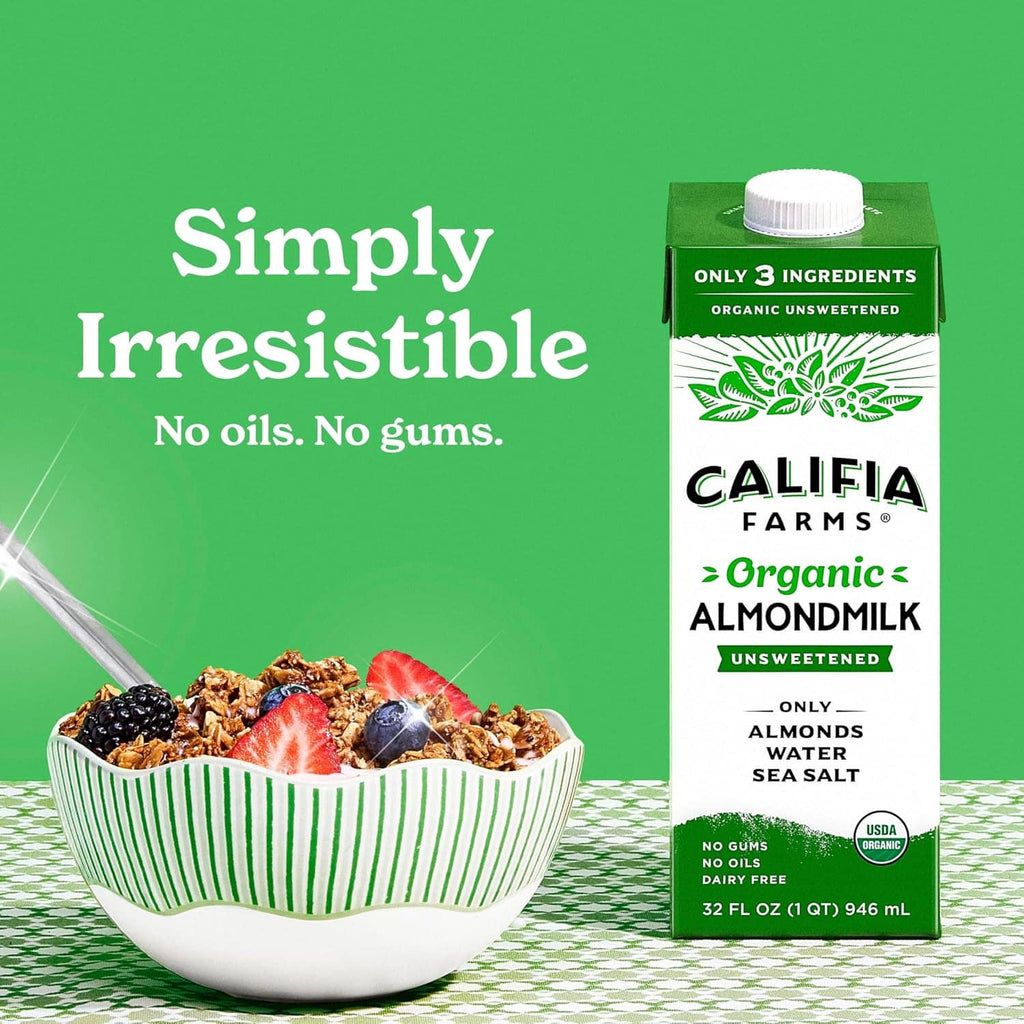 Califia Farms organic unsweetened almond milk carton with simple ingredients badge
