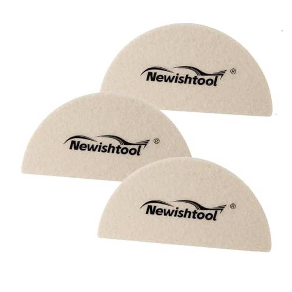 Three beige wool felt squeegee pads with Newishtool logo, curved semicircles