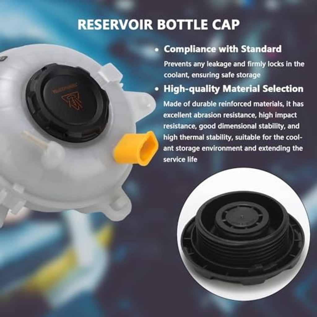 Reservoir bottle cap and nozzle on white coolant tank; black cap and orange outlet.