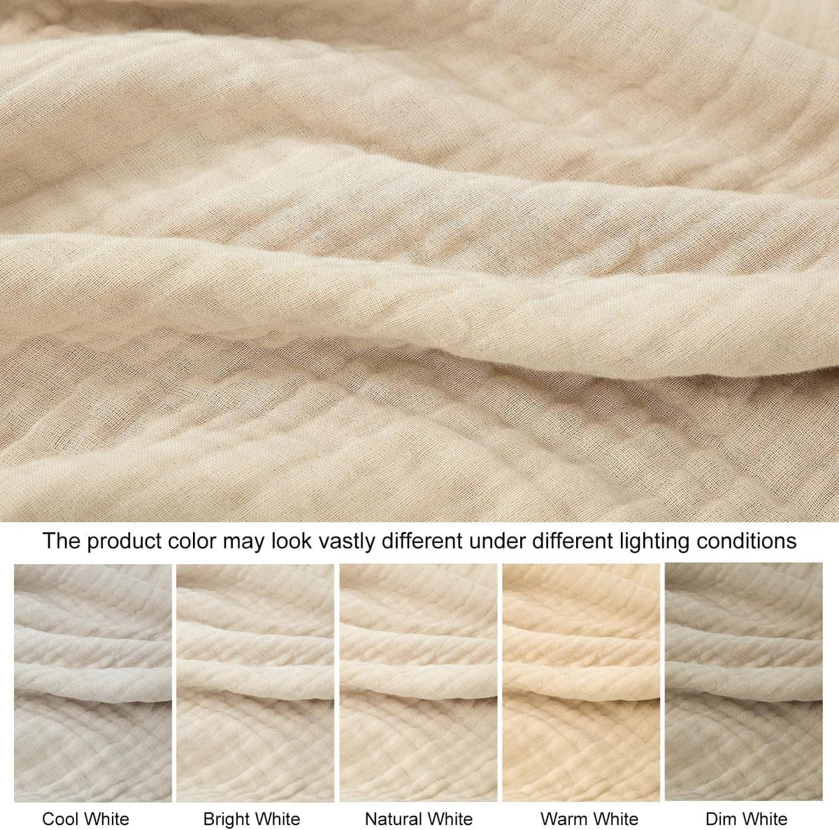 Close-up of cream muslin blanket fabric with subtle wave-like texture and folds.