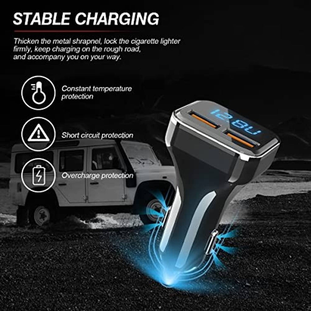 Dual USB car charger showing blue LED voltage readout with glowing charging ports