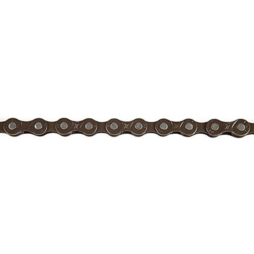 Bicycle chain with dark outer plates and rivets, side view of full length