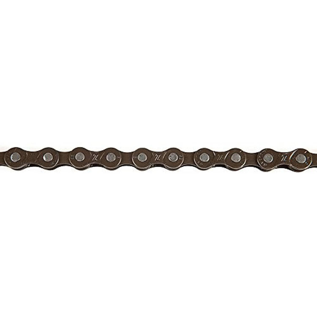 Bicycle chain with dark outer plates and rivets, side view of full length