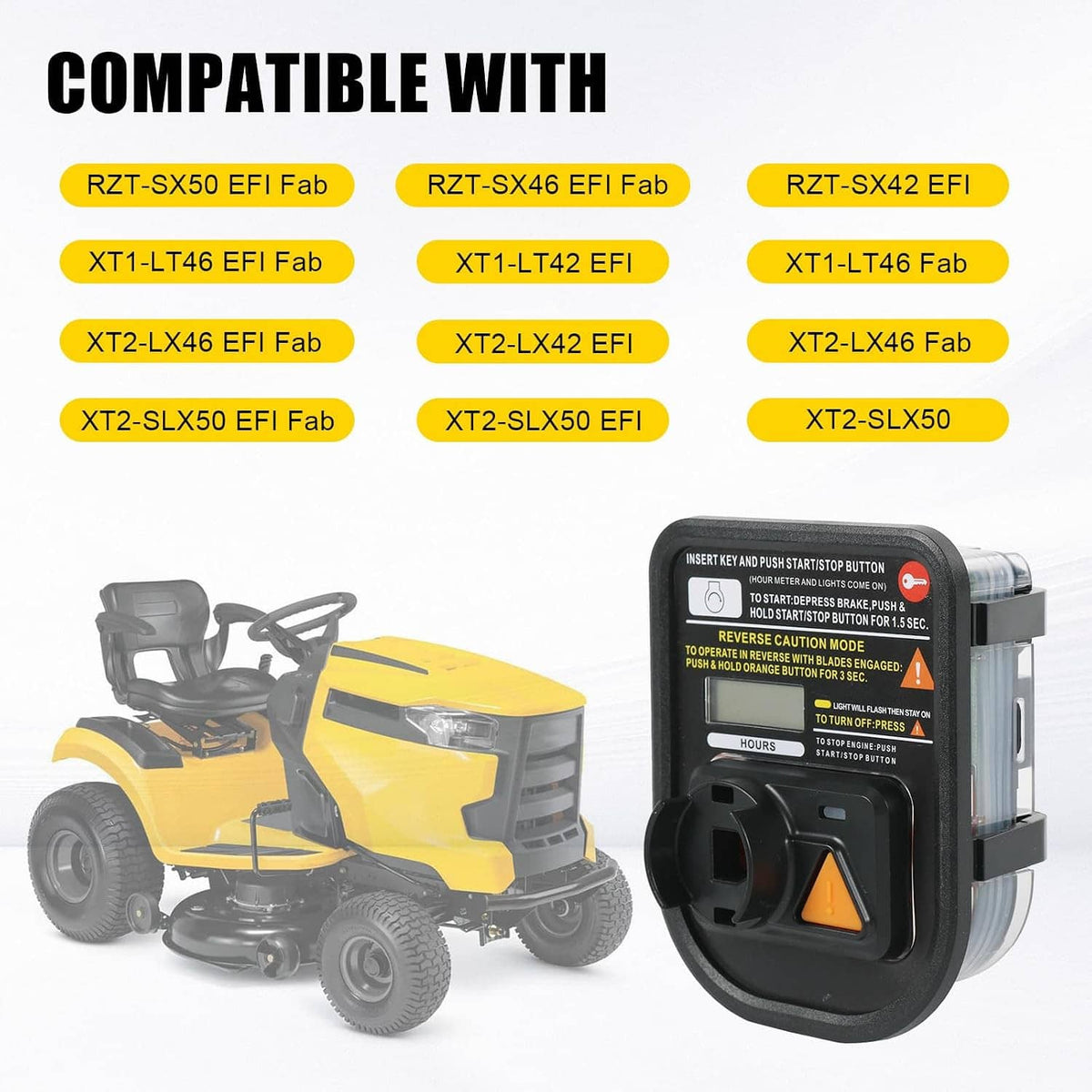 Hour service meter module with hours display and orange control on a tractor console