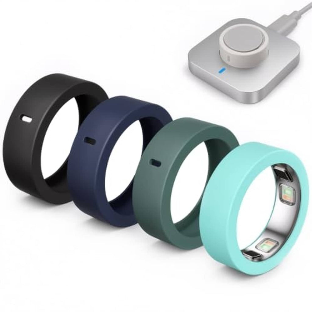 Four silicone ring covers in black, navy, dark green, and teal