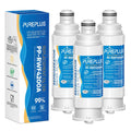 Refrigerator water filter replacement, white cartridges with blue labels, 3-pack.