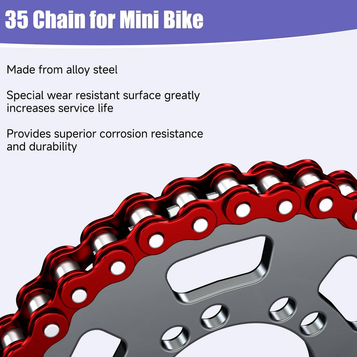Red roller chain with close-up side view of alternating plates and silver rollers.