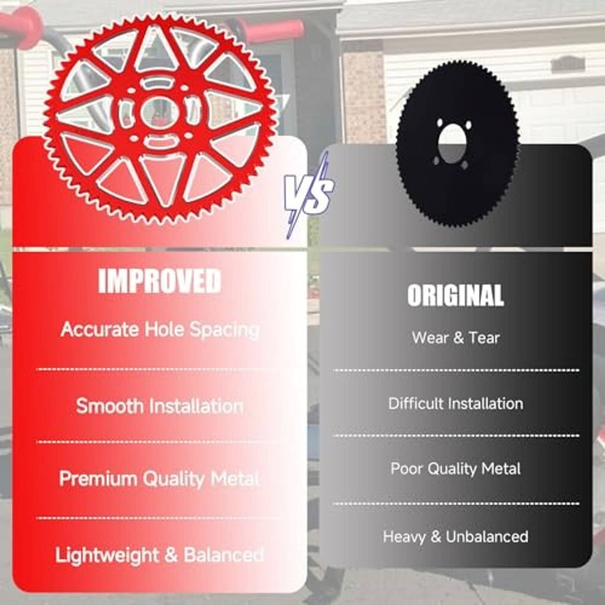 Red 60T chain sprocket vs black sprocket, tooth spacing comparison