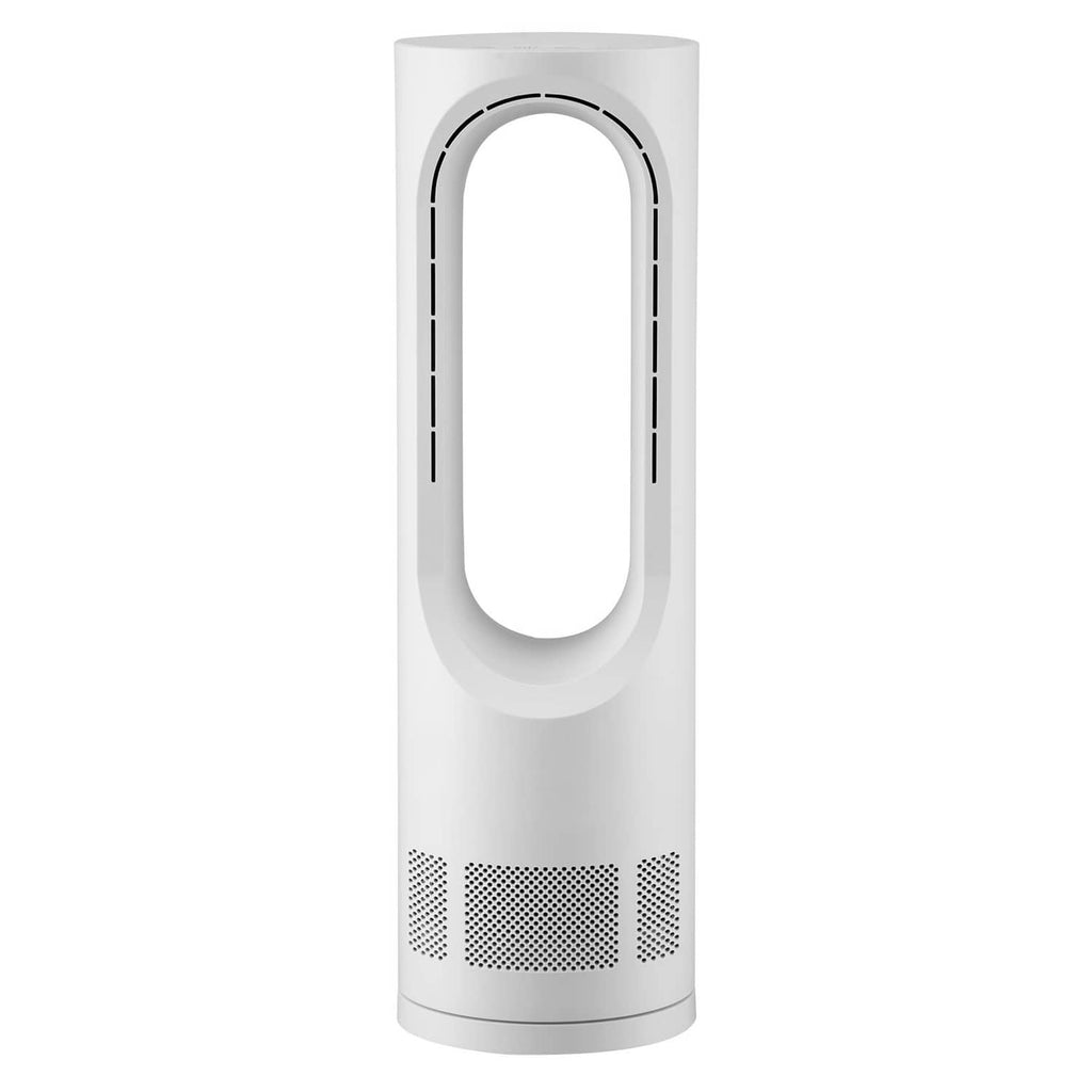 White bladeless desk fan with tall oval air outlet and vented base