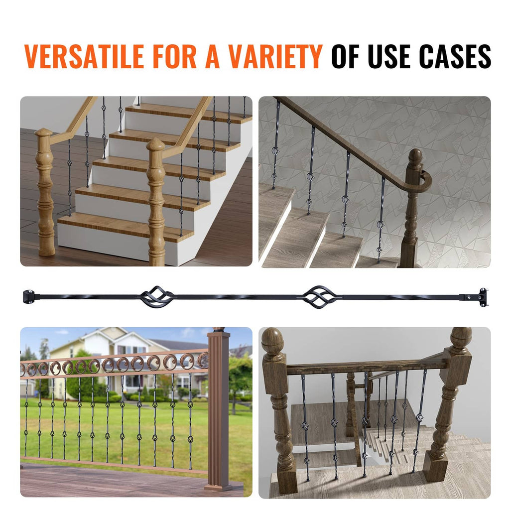 10 matte black steel deck railing balusters with double-basket scroll loops