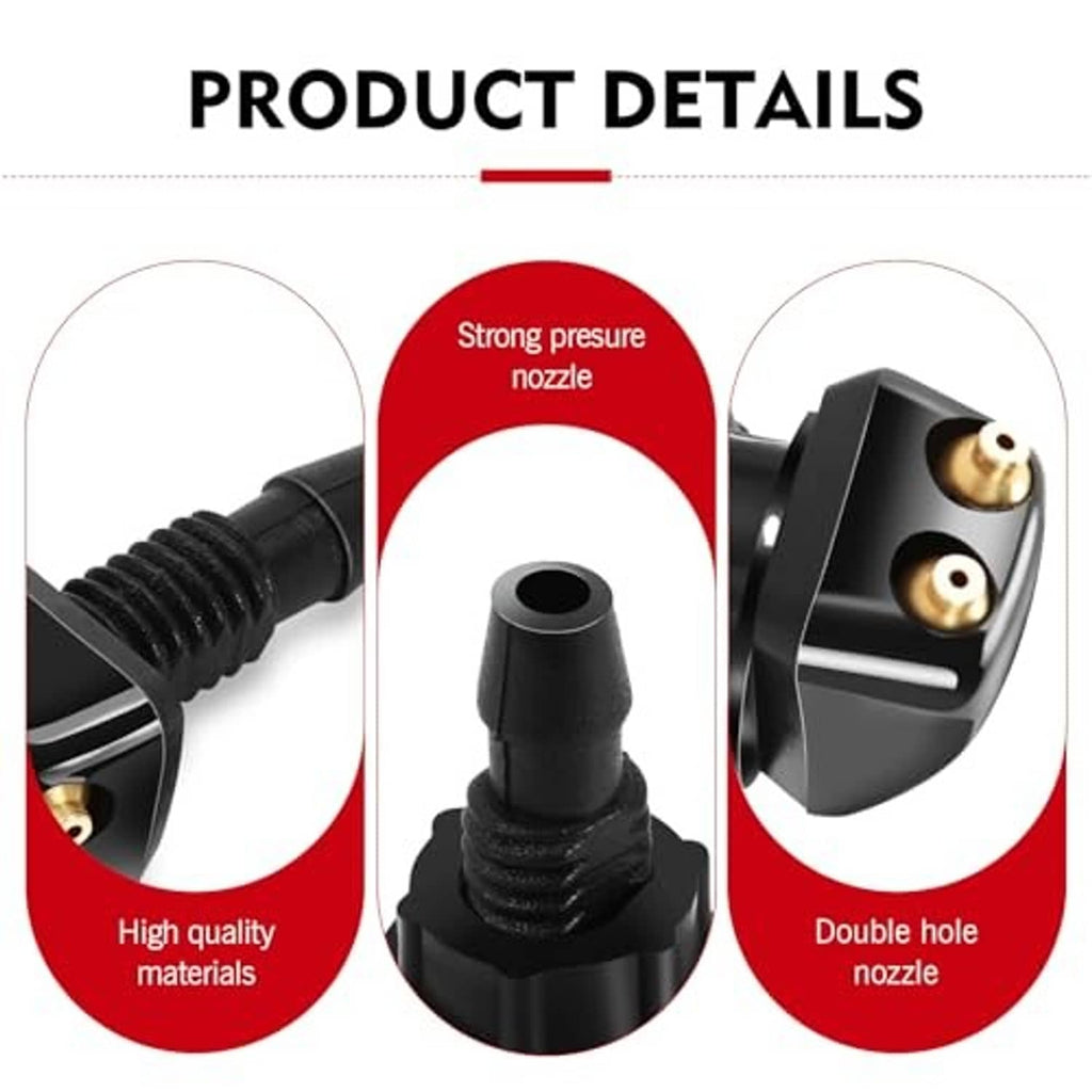 Black windshield washer nozzle set showing double-hole sprayer tips and threaded stem.
