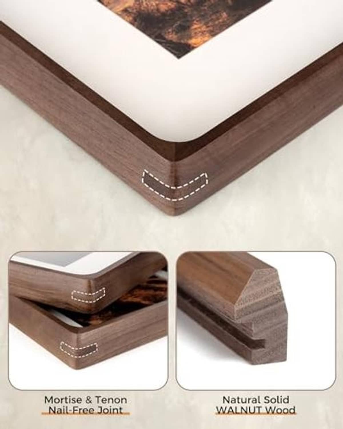 Walnut picture frame corner detail with mortise & tenon nail-free joint