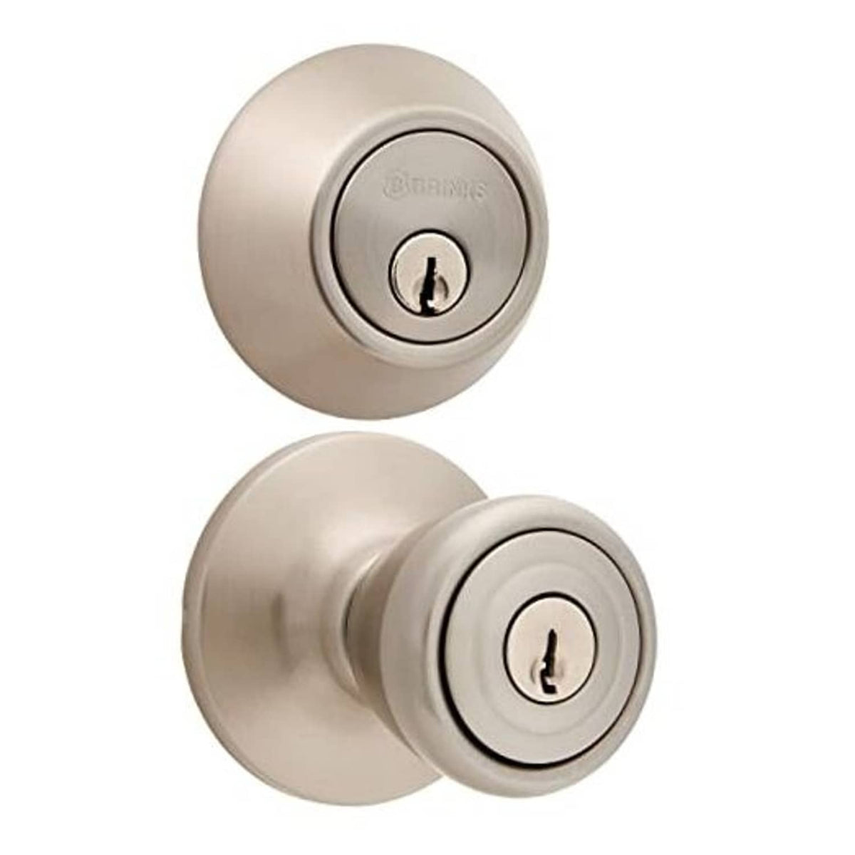 Satin nickel keyed door knob with single-cylinder deadbolt, round face