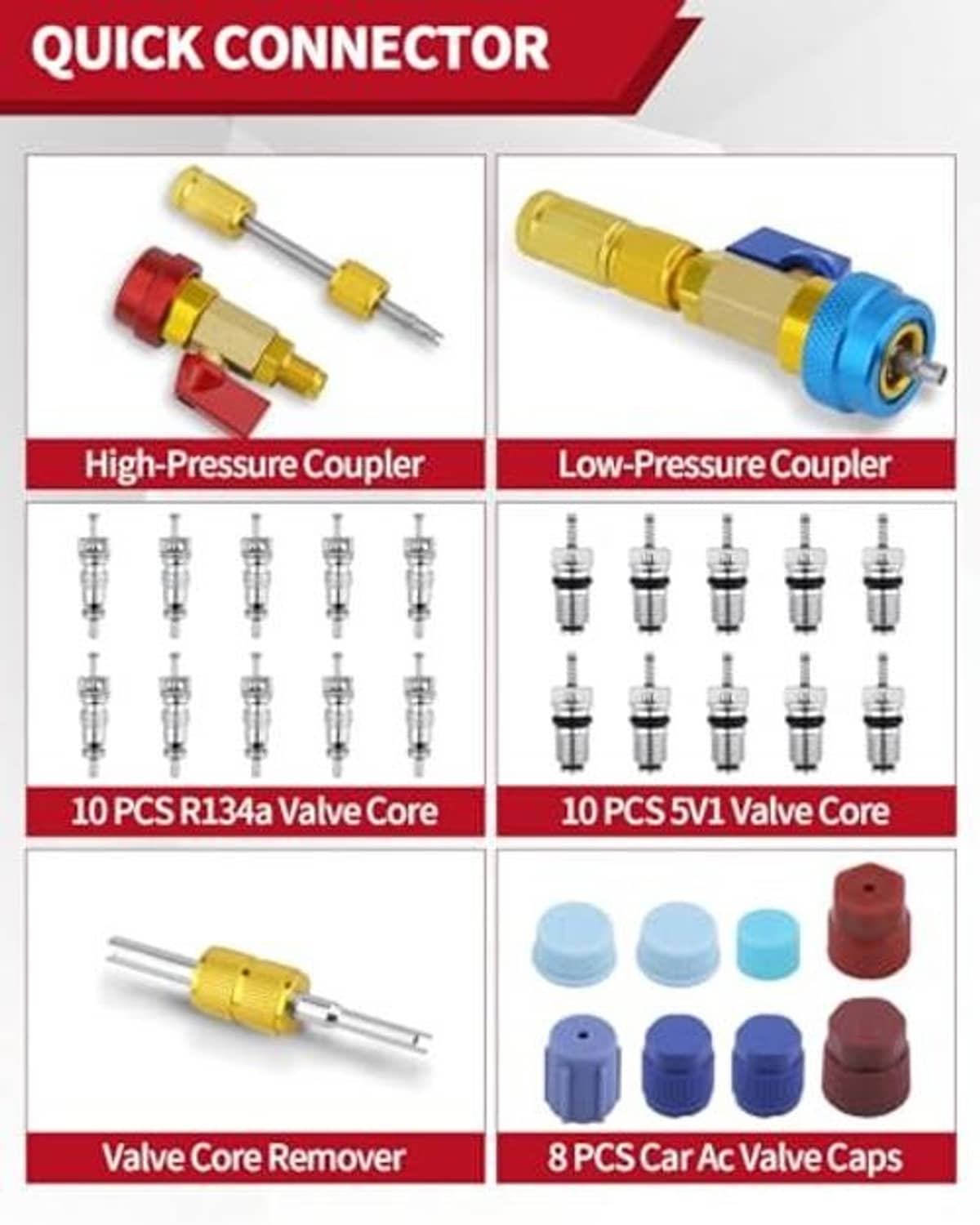 Quick connector and valve core remover kit with brass couplers and colored valve caps