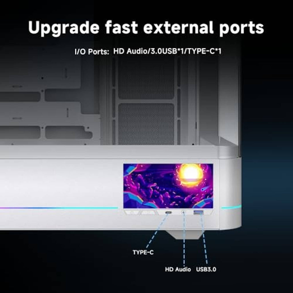 White ATX PC case with front I/O area and built-in 5.5-inch LCD window