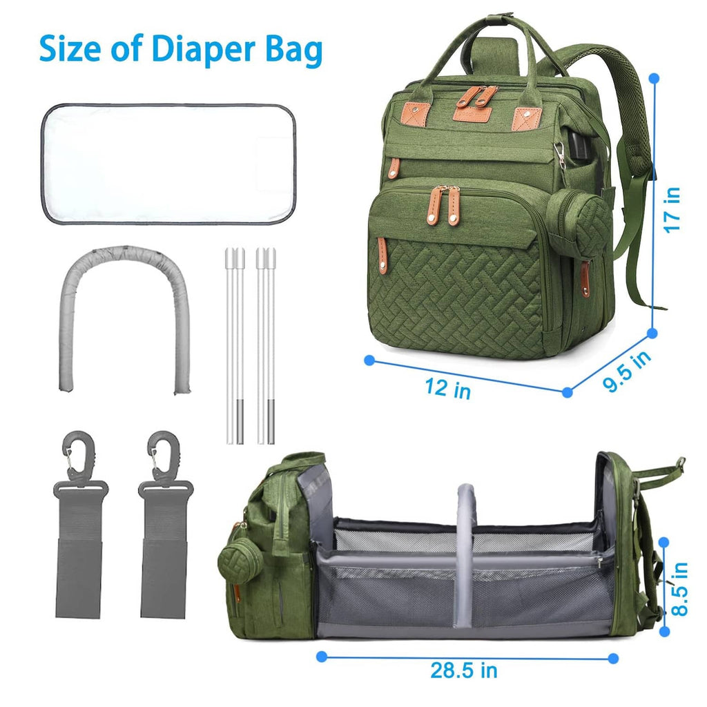 Army green diaper bag with built-in changing station and included stand panel