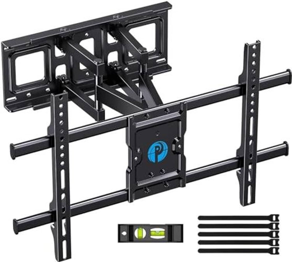 Full motion TV wall mount with VESA bracket and mounting arms, black, with parts