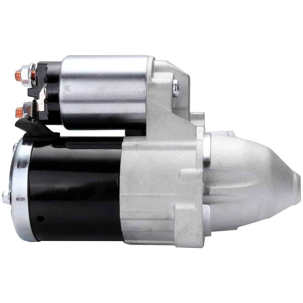 Starter motor with silver end cap, black body, and mounting bracket detail