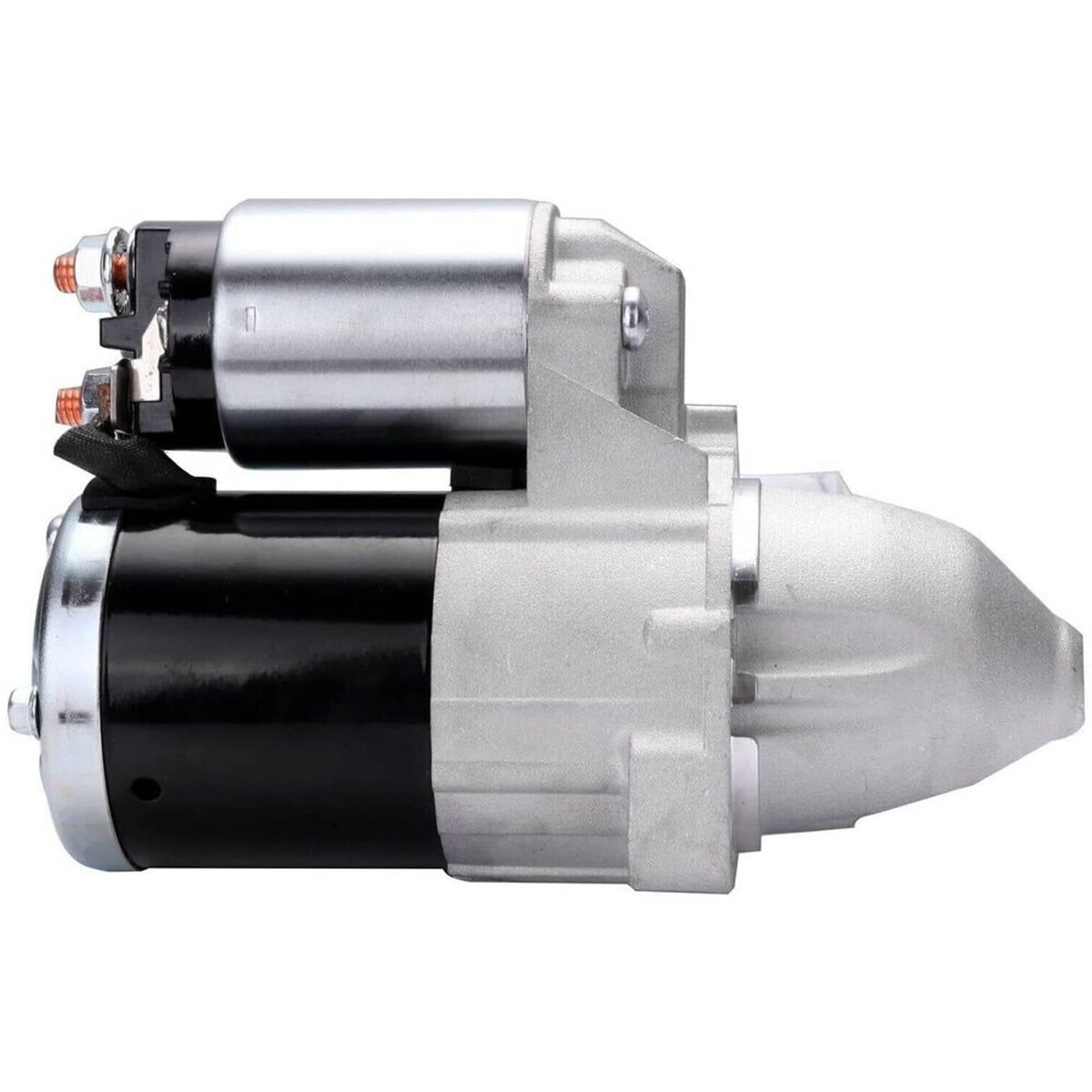 Starter motor with silver end cap, black body, and mounting bracket detail