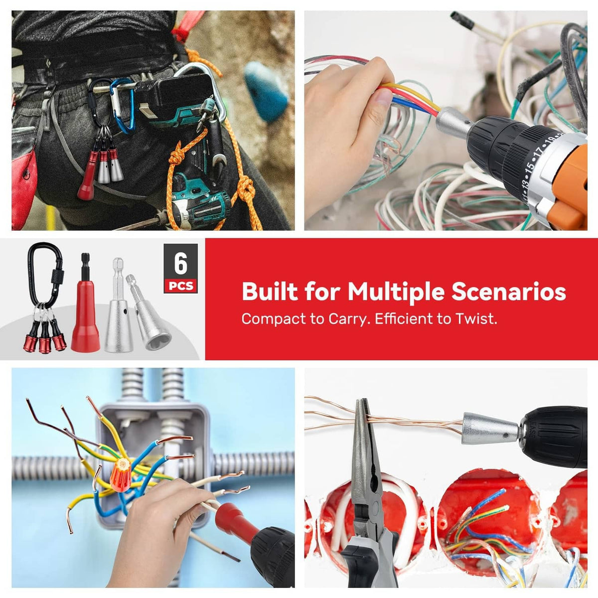 Wire twister tools in use with a drill at an electrical panel and bundled wires