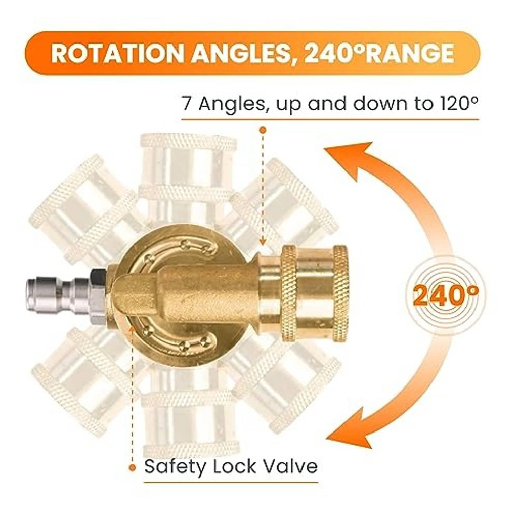 Brass rotating pressure washer coupler showing multiple cleaning angles and swivel range