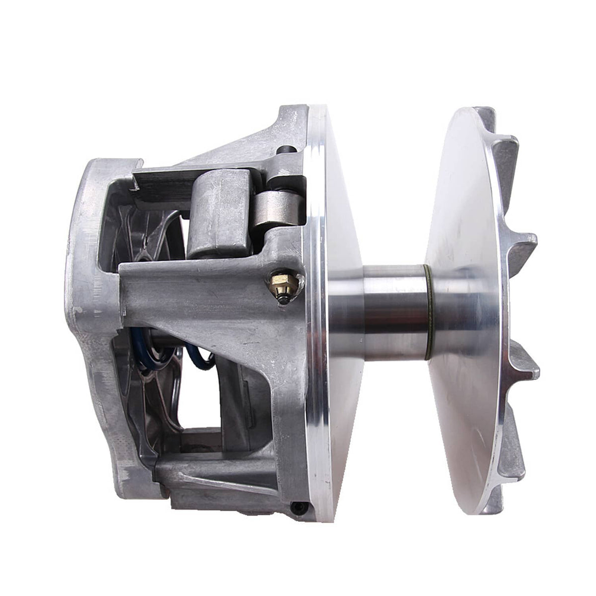 Primary drive clutch side view with silver housing, metal shaft, and cover
