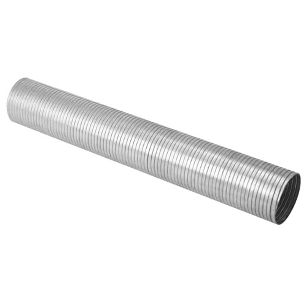 Flexible exhaust pipe, 2.5 in diameter, silver corrugated metal tube in straight view