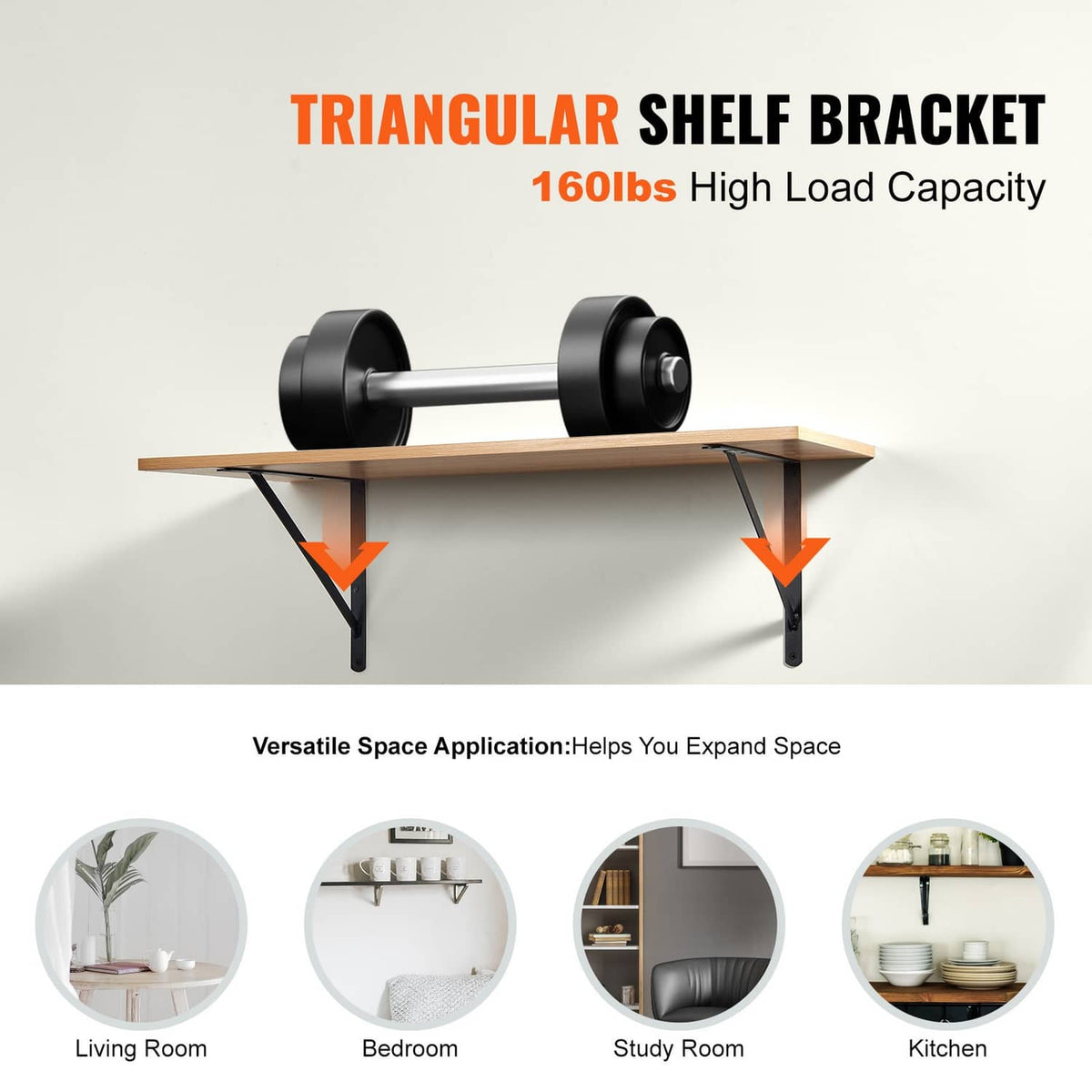 Triangular shelf bracket supports in black metal for floating shelves