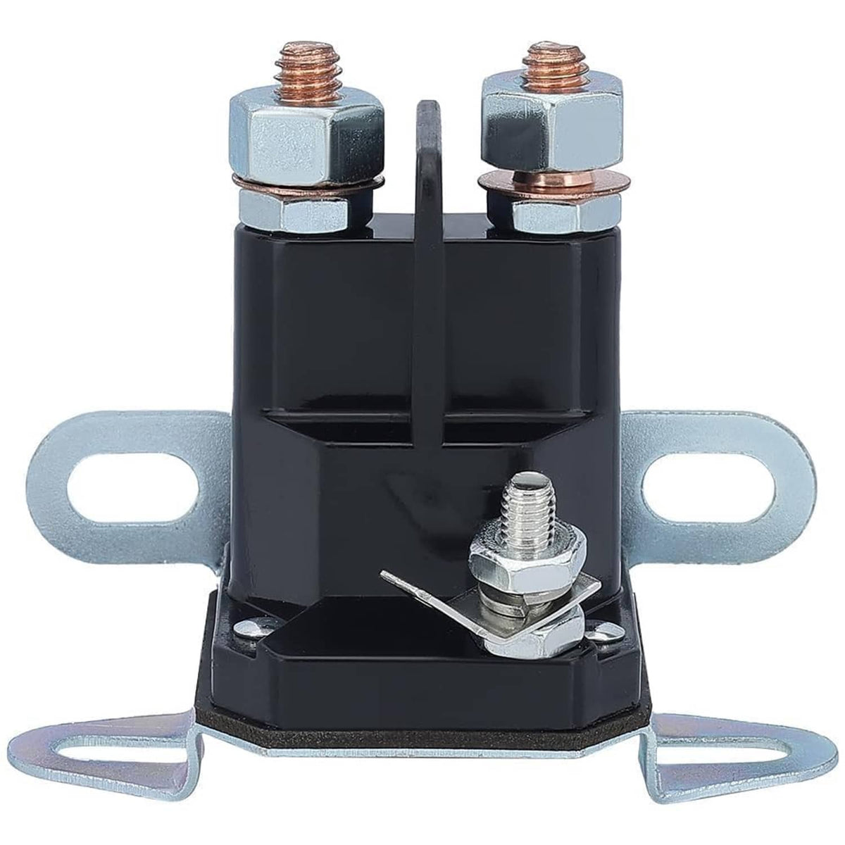 Starter solenoid for lawn mowers, black body with copper posts and metal mounting tabs
