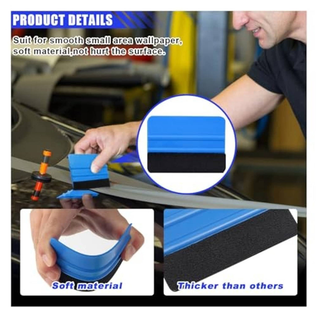 Window tint kit detail: blue squeegee applying tint film smoothly without scratching