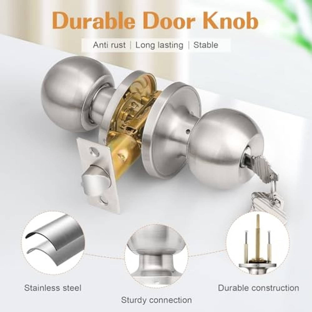 Brushed nickel keyed entry door knob lock with cylinder and keys