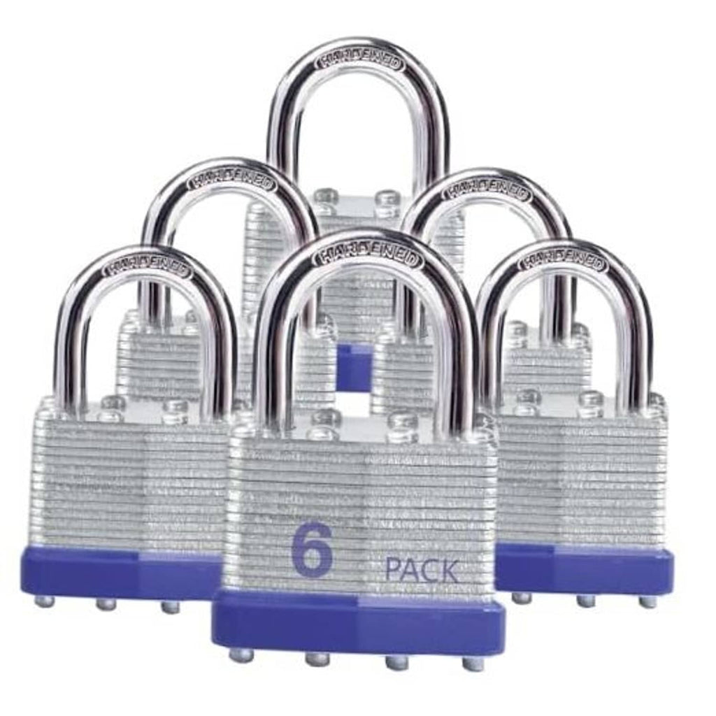 Steel padlock set with arched shackle and blue base, 6-pack