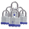 Steel padlock set with arched shackle and blue base, 6-pack