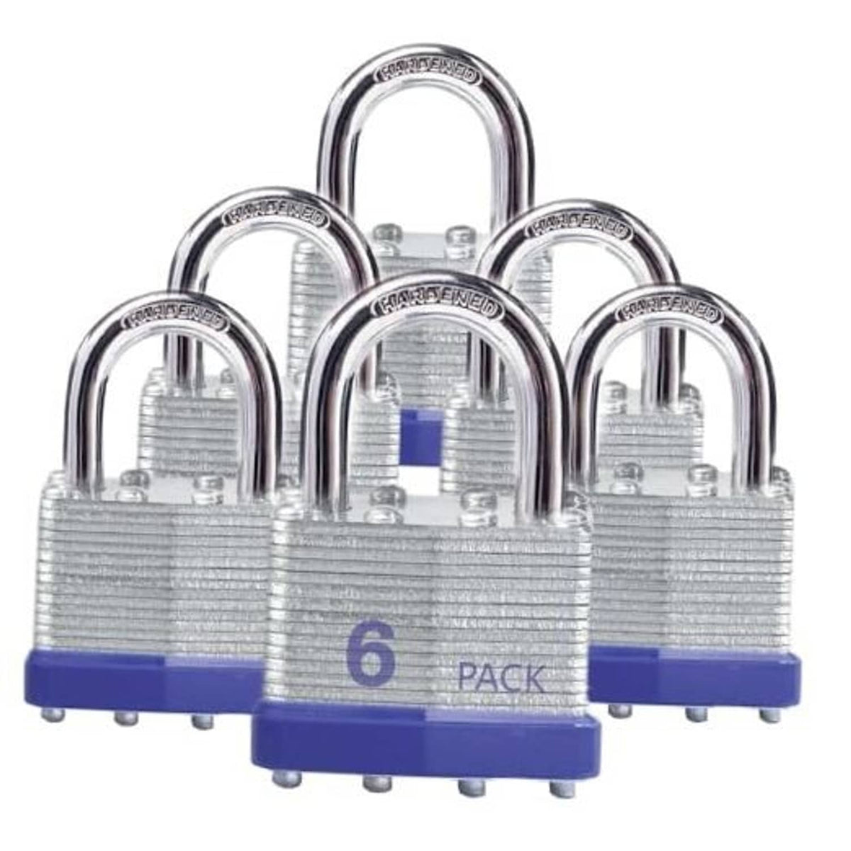 Steel padlock set with arched shackle and blue base, 6-pack