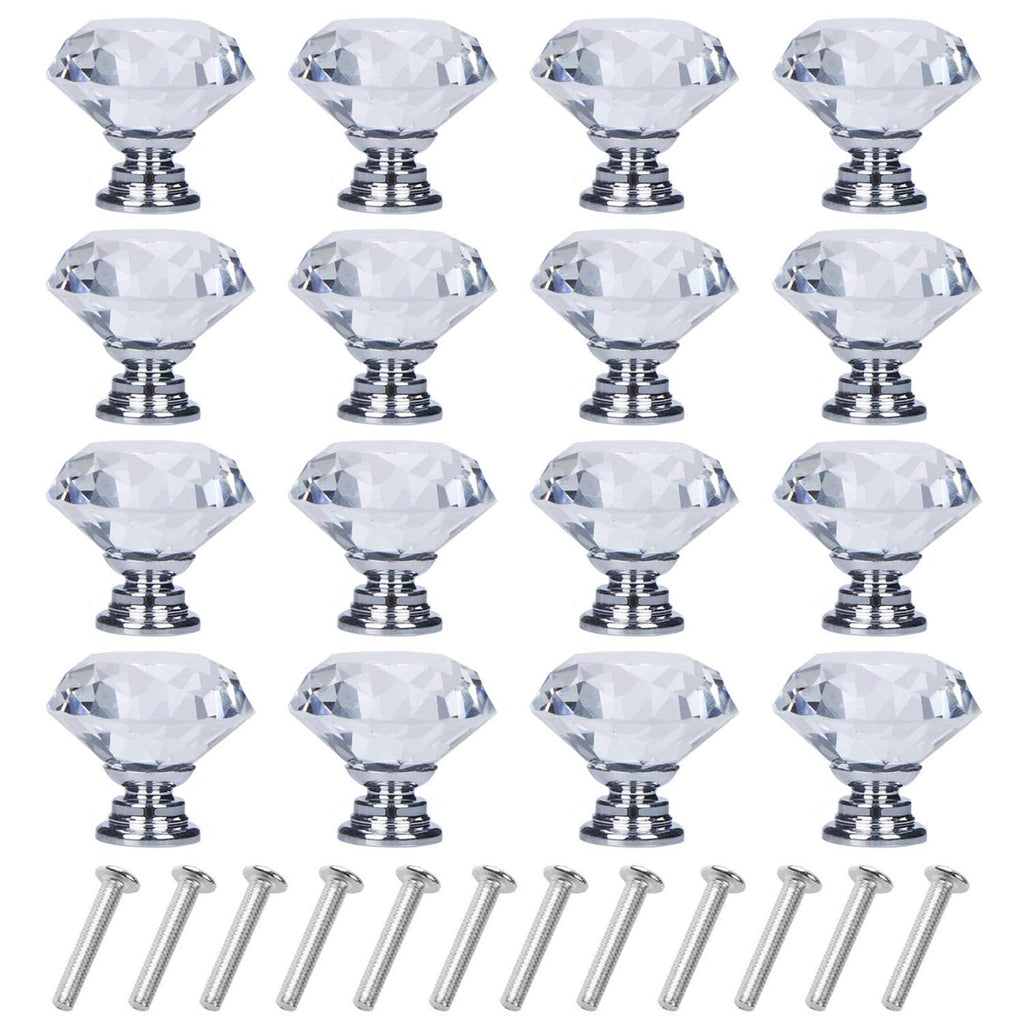 Diamond-cut crystal drawer knobs with chrome base and screws, 16-pack