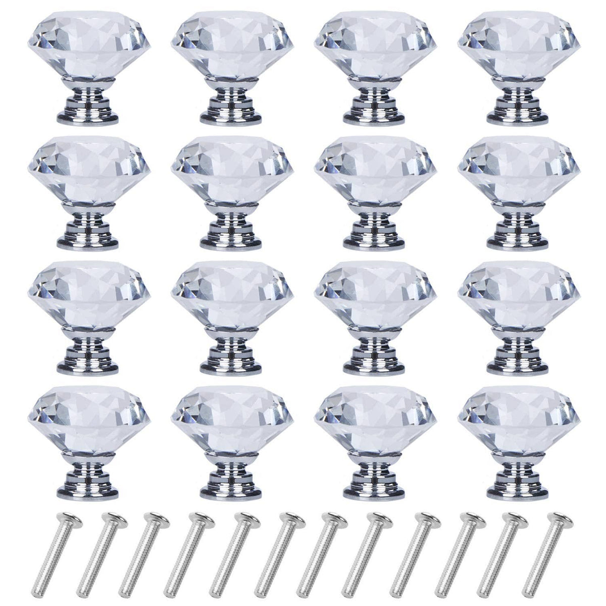 Diamond-cut crystal drawer knobs with chrome base and screws, 16-pack