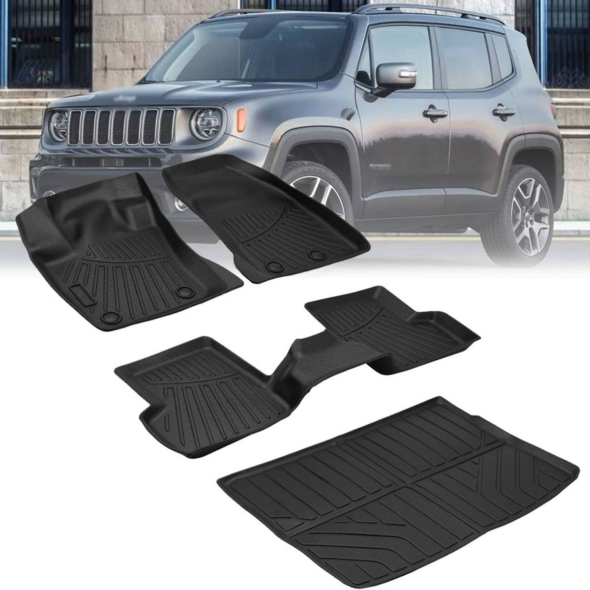 Black TPE floor mat set and trunk cargo liner with textured ridges