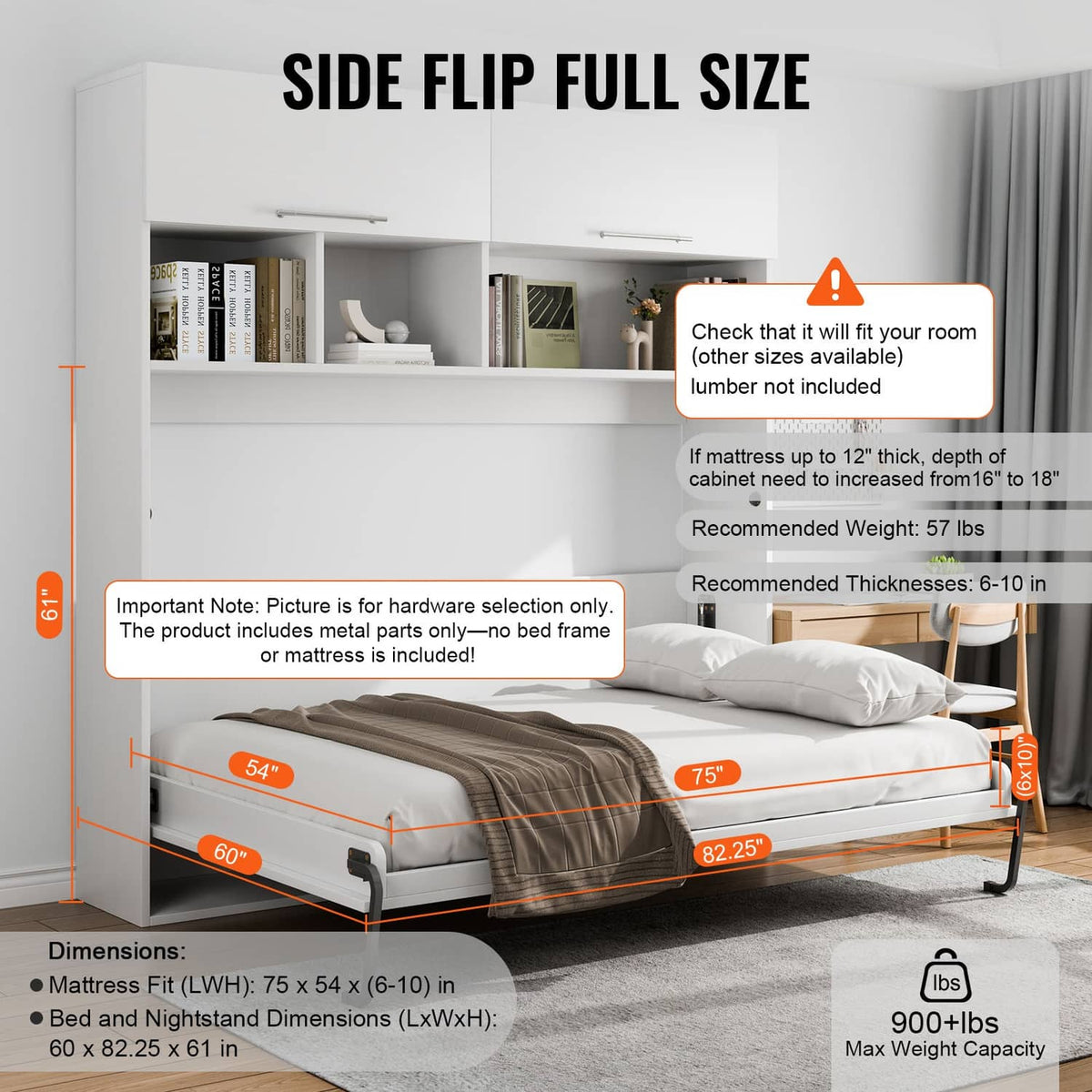 Murphy bed setup showing side-flip full-size dimensions and mattress fit ranges