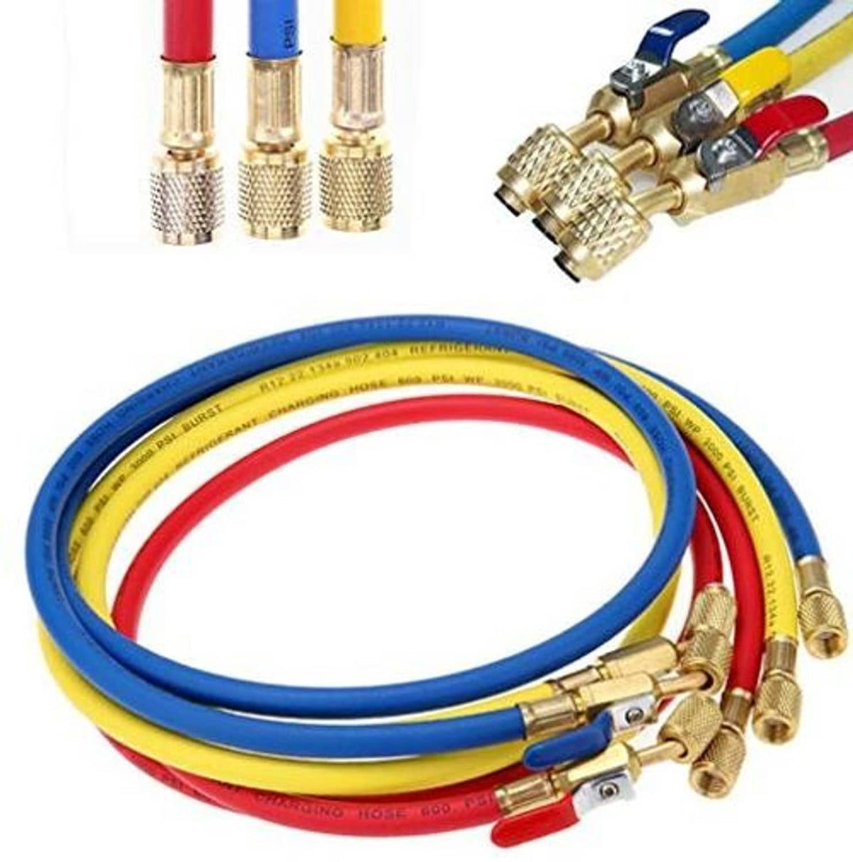 Refrigerant charging hose with ball valve assembly, red/blue/yellow hoses and brass fittings