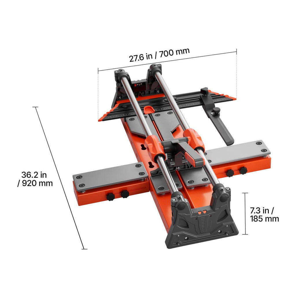 Manual tile cutter with orange base, metal rails, and dimension labels