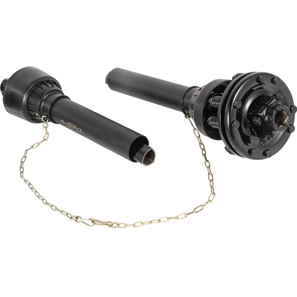 PTO drive shaft with slip clutch housing, two yokes, safety chain, black
