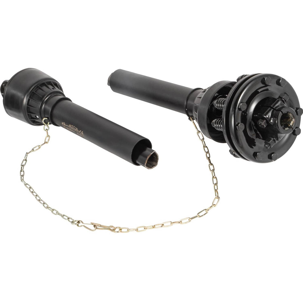 PTO drive shaft with slip clutch housing, two yokes, safety chain, black