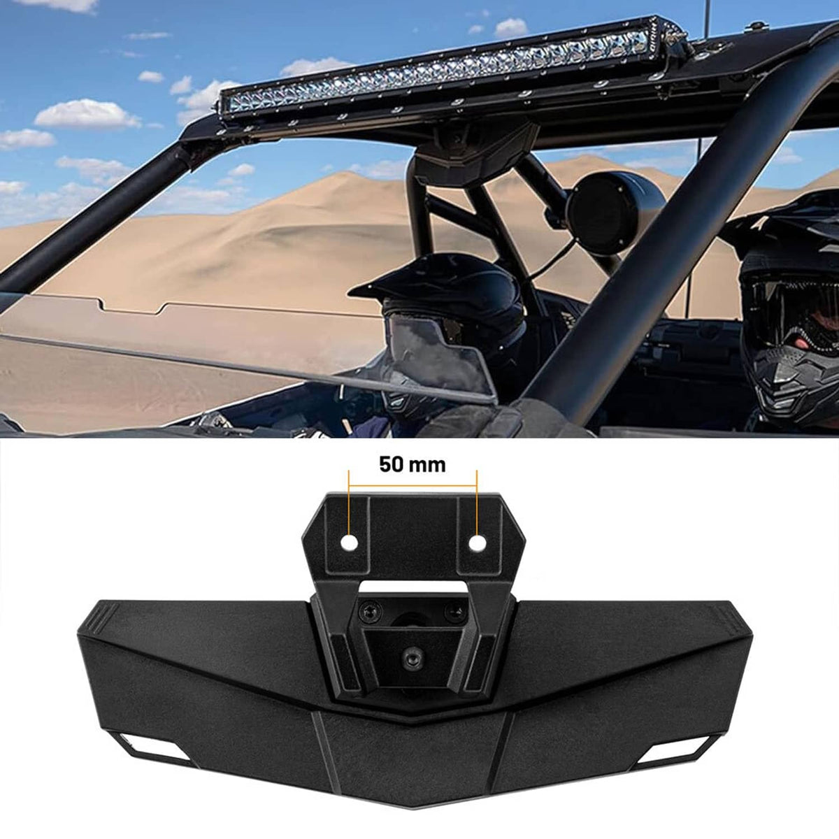Black UTV rear-view mirror with 50 mm measurement and mounting bracket