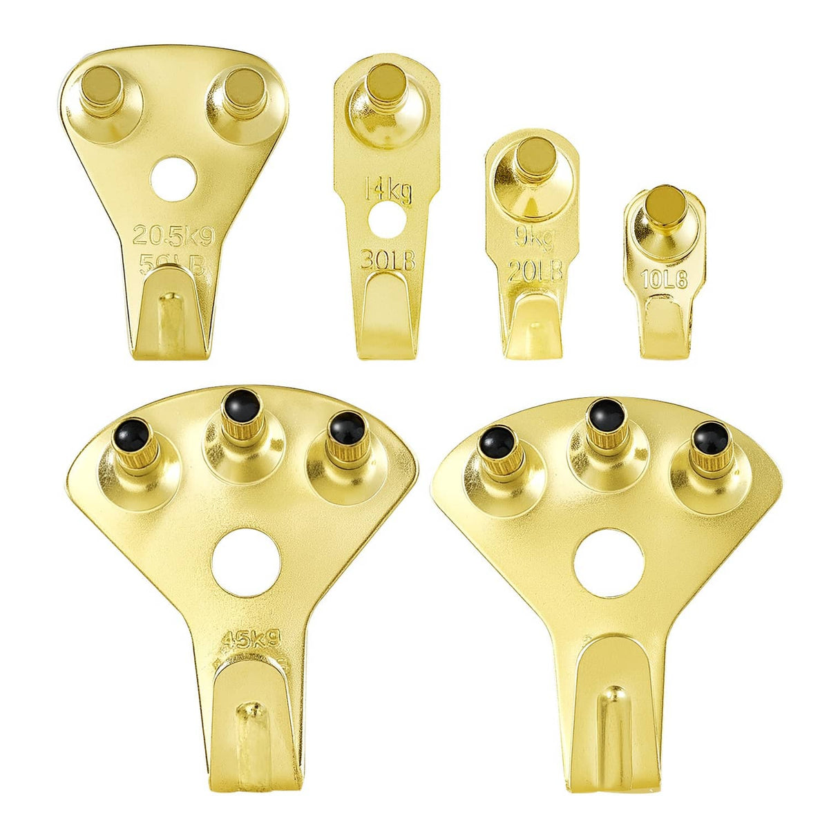Gold metal picture hanging hooks with nails, assorted sizes and weight markings