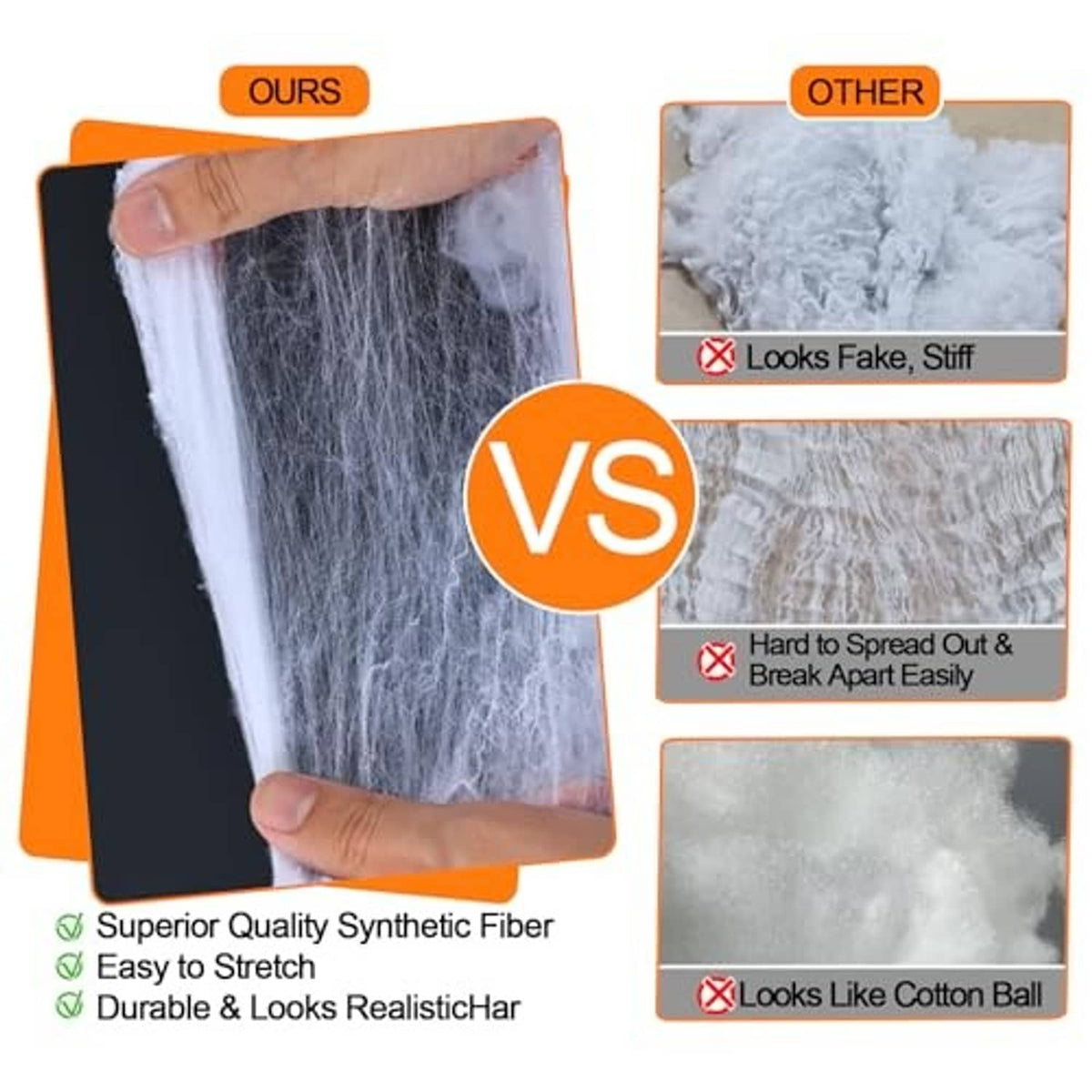 Halloween spider web material comparison chart labeled ours vs other for stretching realism