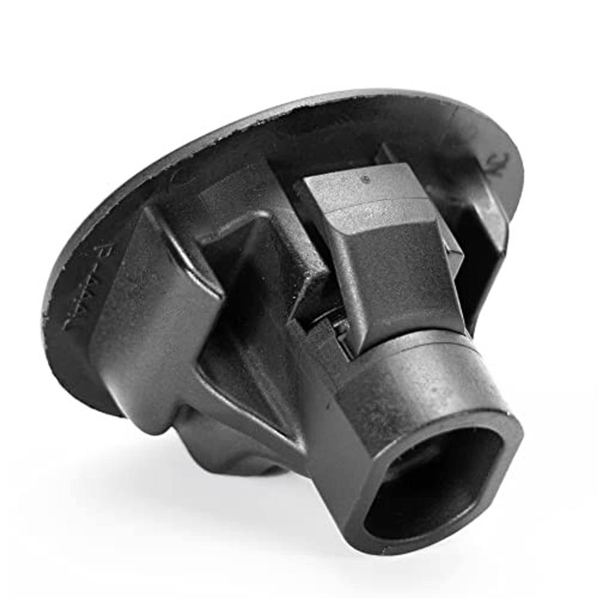 Black gas cap lock housing with side tabs and central opening