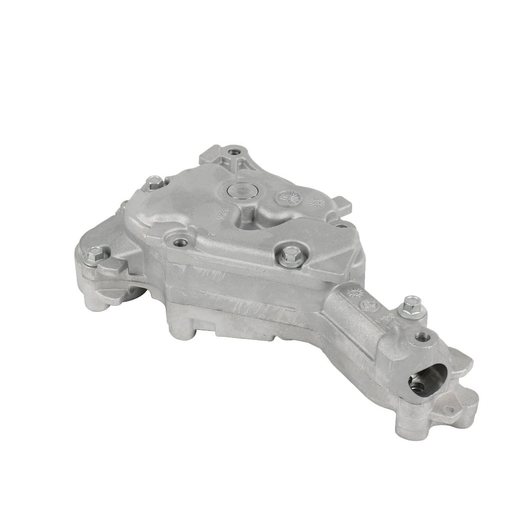 Engine oil pump housing assembly in silver metal finish, angled view