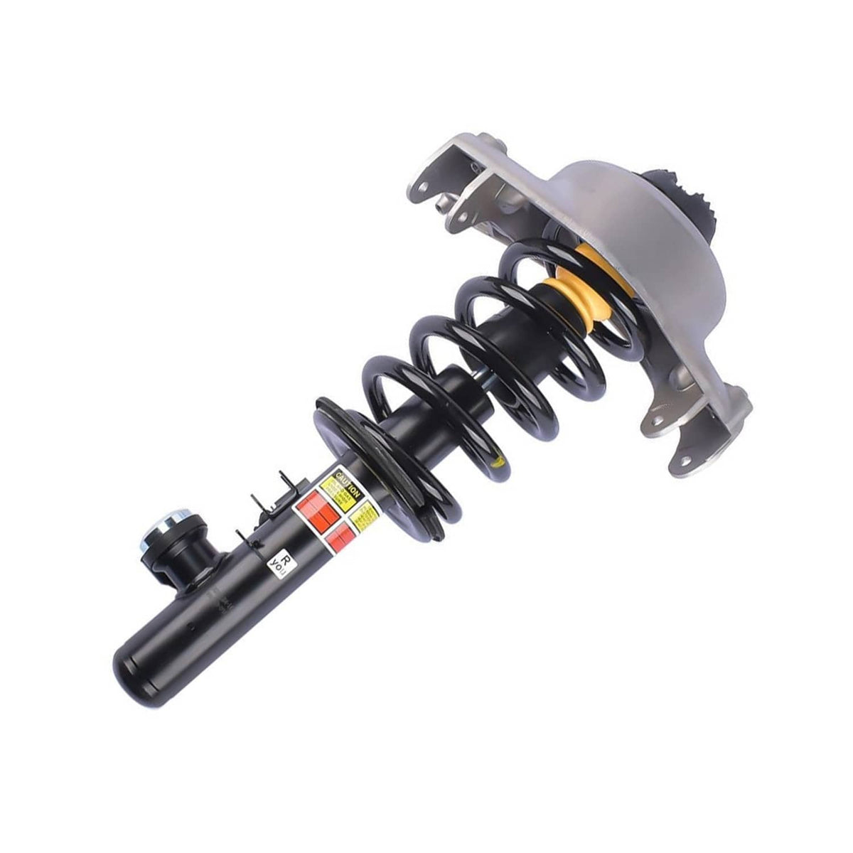 Front shock strut assembly with coil spring, gray top mount, black damper body