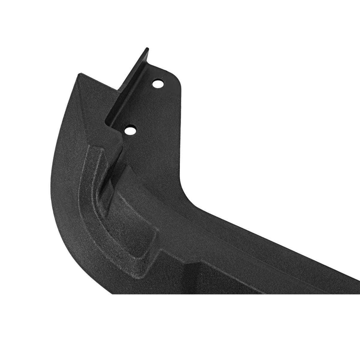 Black hood pivot bracket with mounting holes and curved protective shield